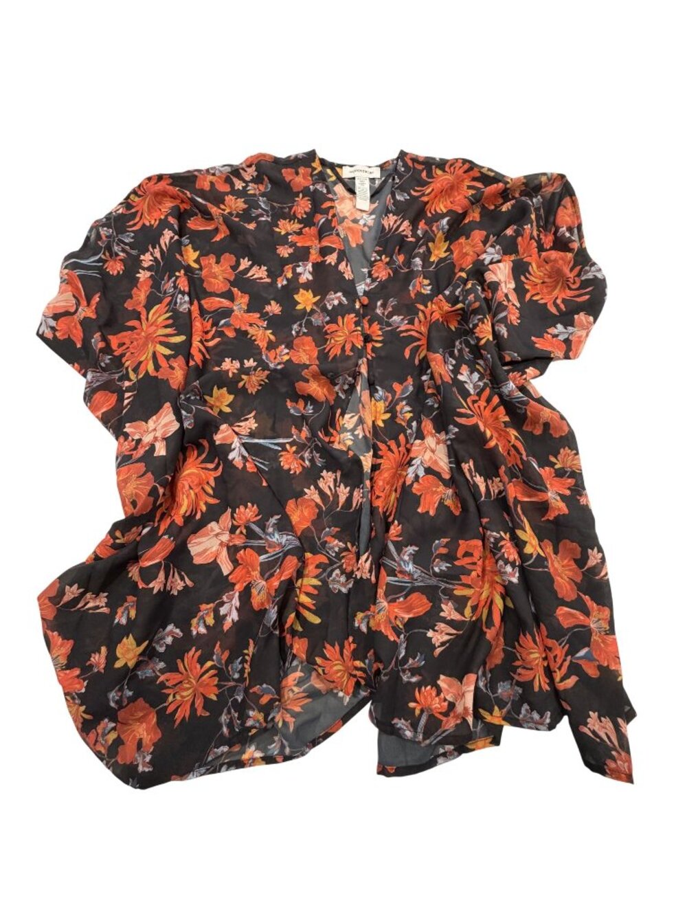 NWOT Nordstrom Floral Sheer Black Orange Kimono Button Front One Size Polyester